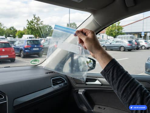 Versteckte Funktion: Halte einfach die Tasten des Autoschlüssels gedrückt Gefrierbeutel wird in einem Pkw hochgehalten