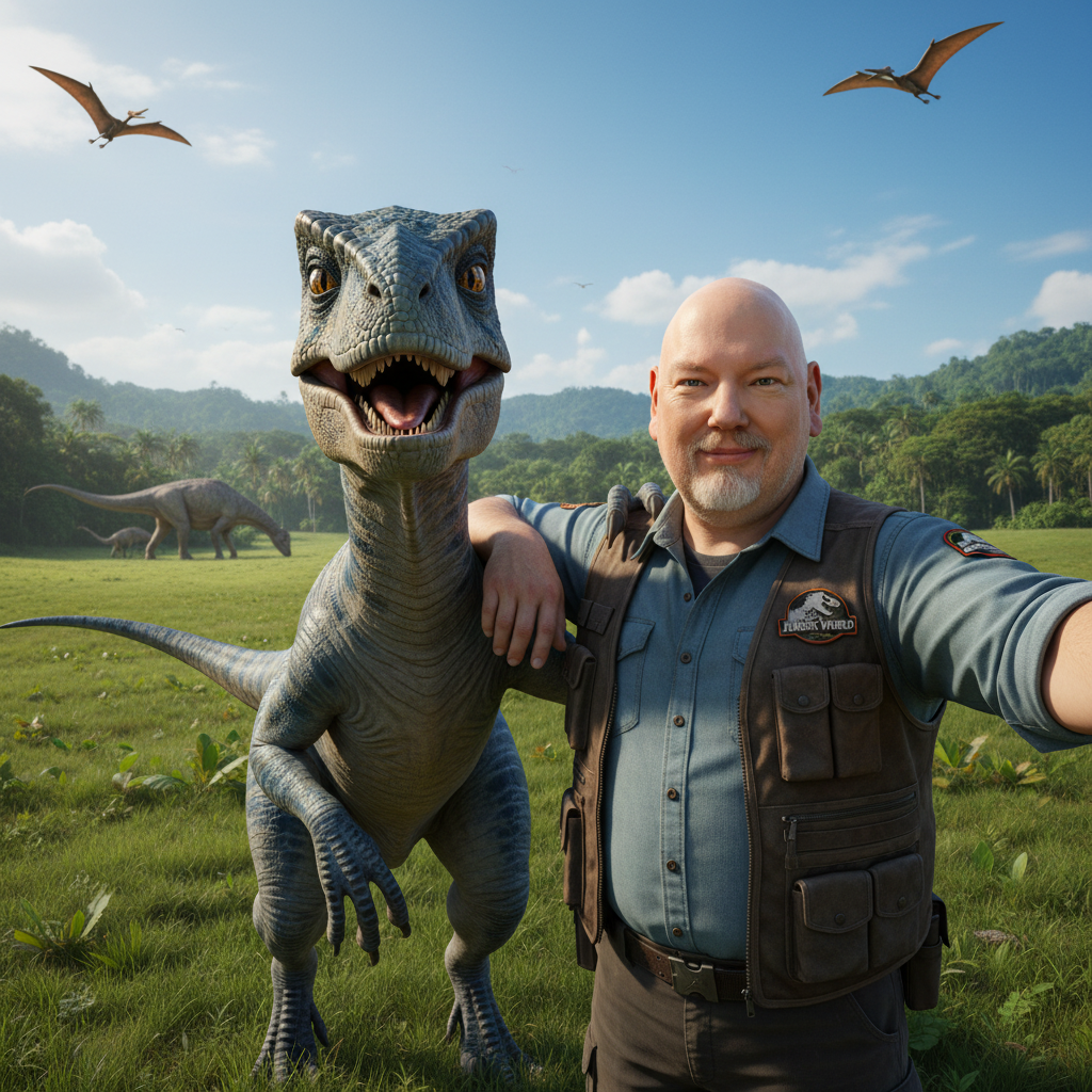 Ein Mann (ich) im Jurassic Park. Ich mache ein Selfie mit einem Velociraptor, im Hintergrund sind weitere Saurier.