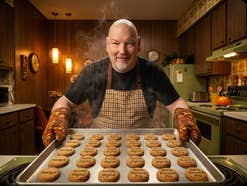 Ein Mann in einer 70er-Jahre-Küche holt ein Bleck mit Keksen aus dem Ofen.