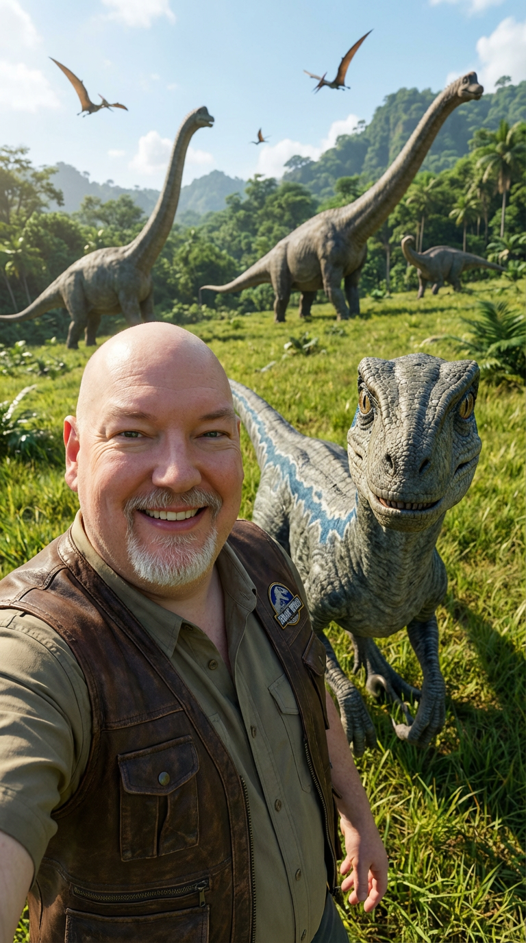 Ein Mann (ich) im Jurassic Park. Ich mache ein Selfie mit einem Velociraptor, im Hintergrund sind weitere Saurier.