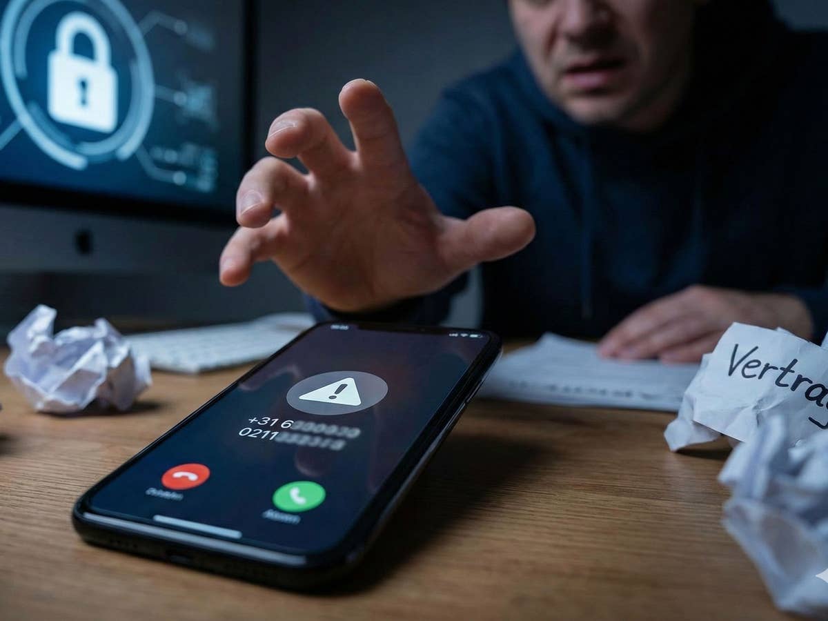 Ein Mann greift nach einem Handy auf dem ein Warnsymbol erscheint