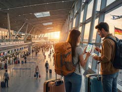 Blick in ein Flughafenterminal, im Vordergrund ein Pärchen, das auf ein Handy schaut.