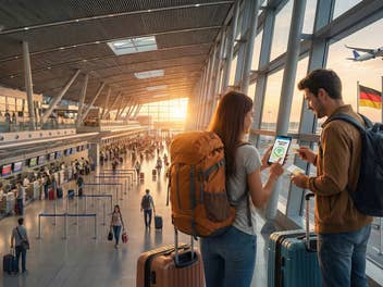 Blick in ein Flughafenterminal, im Vordergrund ein Pärchen, das auf ein Handy schaut.