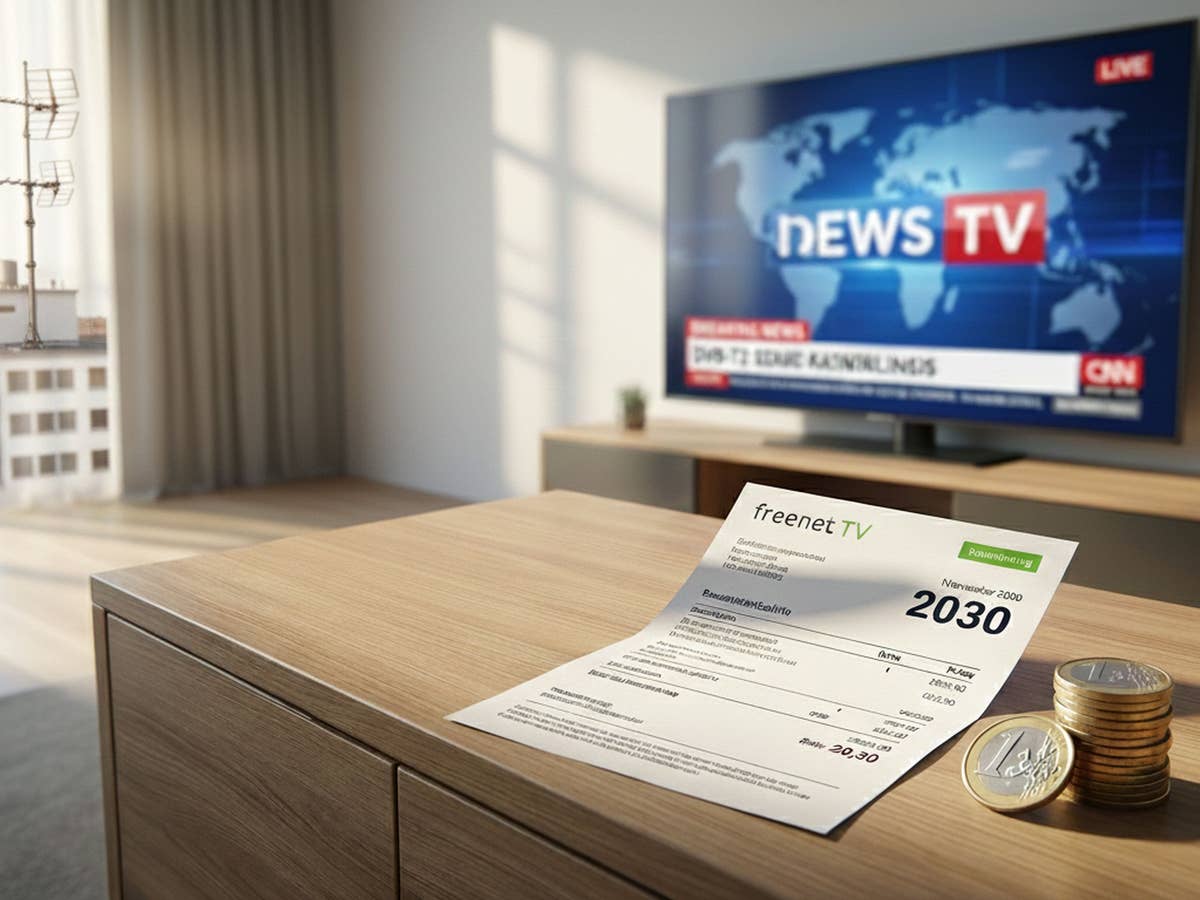 freenet TV bleibt bis 2030 Ein Ferneseher an der Wand, eine Dachantenne auf einem Dach und ein freenet-Vertrag auf einem Sideboard
