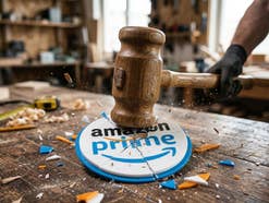 Ein Hammer schlägt auf das Amazon-Logo ein