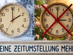 Das Bild zeigt zwei Uhren, die linke zeigt 2 Uhr und einen winterlichen Hintergrund, die rechte 3 Uhr und einen sommerlichen Hintergrund. Darunter steht auf einem Banner: Keine Zeitumstellung mehr!
