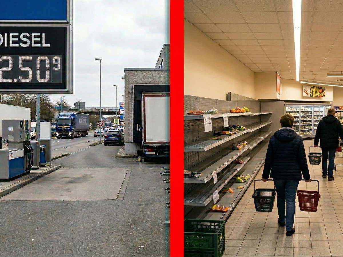 Die hohen Diesel-Preise gefährden die Nahrungsmittel-Versorgung. Links eine Tankstelle mit hohen Dieselpreisen, rechts ein Supermarkt mit leeren Regalen