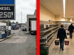 Links eine Tankstelle mit hohen Dieselpreisen, rechts ein Supermarkt mit leeren Regalen