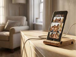 Ein Handy steht als Steuerzentrale auf einem Sideboard