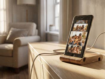 Ein Handy steht als Steuerzentrale auf einem Sideboard