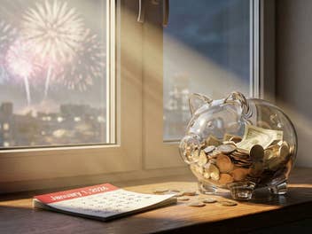 Ein Sparschein mit Kalender und Feuerwerk