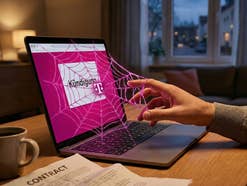 Ein Rechner steht auf einem Tisch, auf ihm zu sehen ein Telekom Logo, das Wort Kündigung und ein Spinnennetz