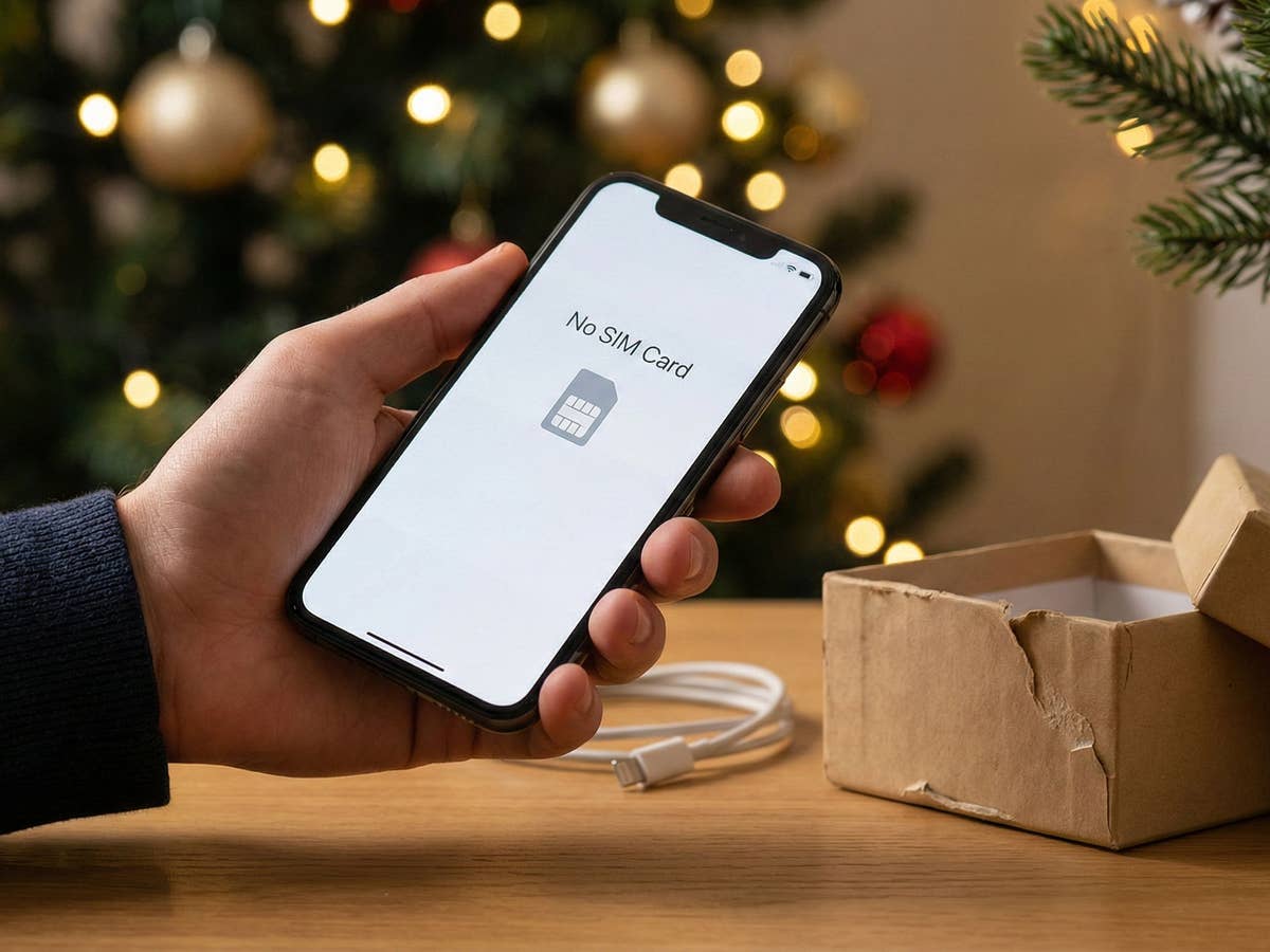 Neue SIM-Karte an Weihnachten Ein Handy mit der Aufschrift