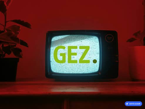 Rundfunkbeitrag: Altes GEZ-Logo auf Fernseher, KI-generiert.