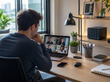 Ein Mann am Schreibtisch während eines Videocall, im Hintergrund eine NAS