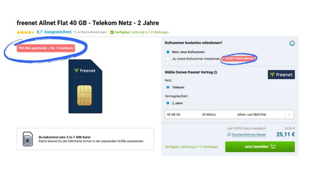 Angebot von Gomibo, bei dem es zum Handytarif eine PS5 und 150 + 50 Euro Cashbacks gibt