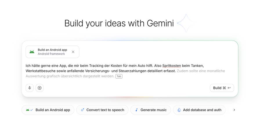 Schön beim ersten prompt erkennt Googles AI Studio dein App und gibt dir di Vorschlage für weiter Funktionen
