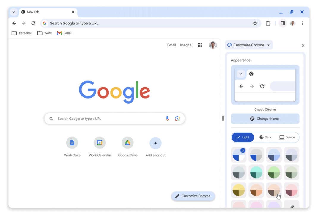 Mit einem Klick kannst du das Design von Google Chrome anpassen