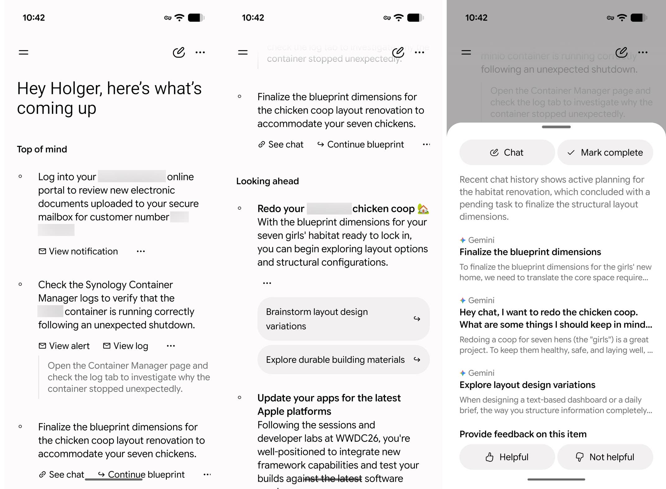 Drei Screenshots von Googles Daily Brief mit persönlichen Aufgaben, Gemini-Vorschlägen und Feedback-Optionen