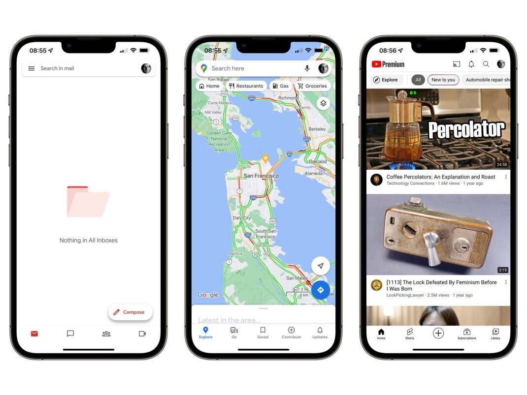 Screenshots von Gmail, Google Maps und YouTube in iOS 15