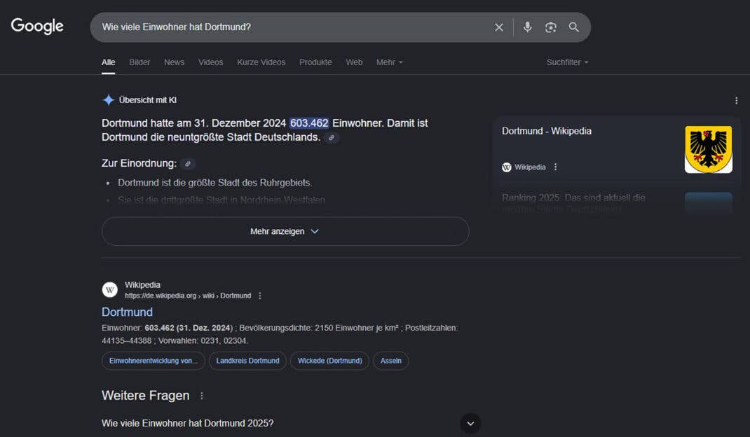 Google-Suchergebnisse zur Bevölkerung Dortmunds, mit 603.462 Einwohnern am 31. Dezember 2024.