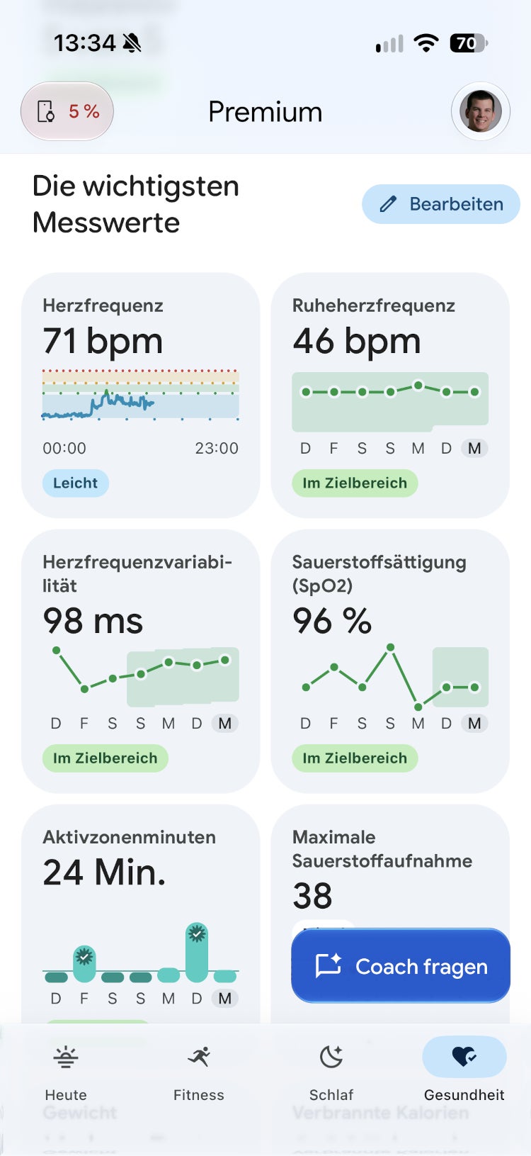 Google Health App Messwerte mit Fitbit Air.