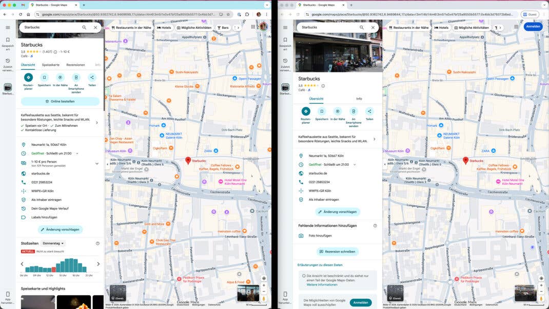 Google Maps im angeldeten (links) und nicht angemeldeten (rechts) Zustand