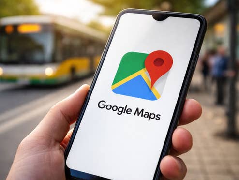 Ask Maps von Google macht die Karten-App zum Reiseführer Google Maps Logo auf einem Smartphone, im Hintergrund ein Bus