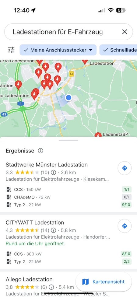 Google Maps Ladestationen für E-Autos