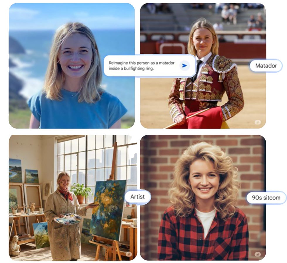 Vier Bilder von Frauen: eine lächelnde Frau am Meer, ein Matador, eine Künstlerin im Atelier und eine Frau, die einem Sitcom-Charakter der 90er ähnelt.