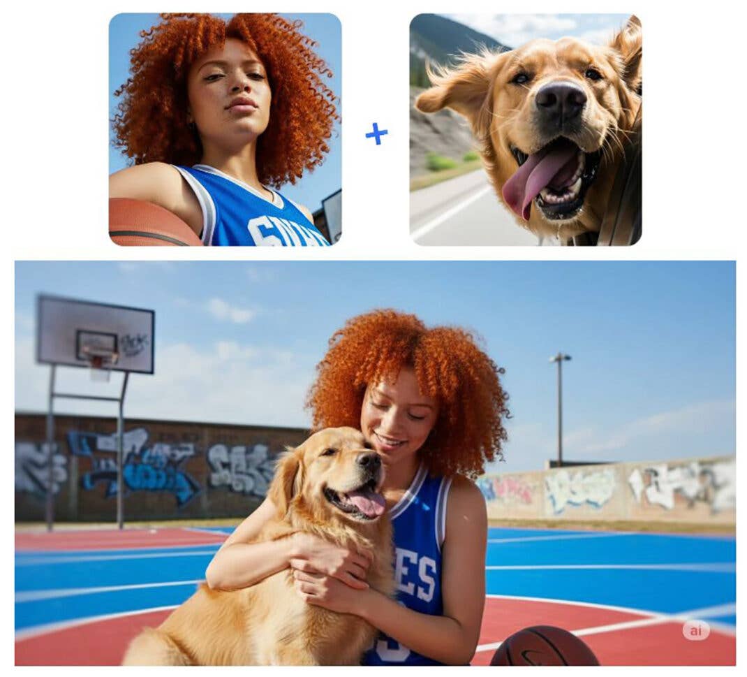 Eine junge Frau mit lockigem roten Haar hält einen Basketball und lächelt mit einem Golden Retriever auf einem bunten Platz.