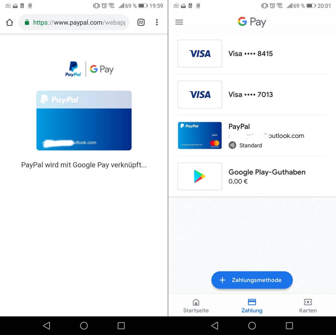 Screenshots zeigen die Verknüpfung von Google Pay mit Paypal