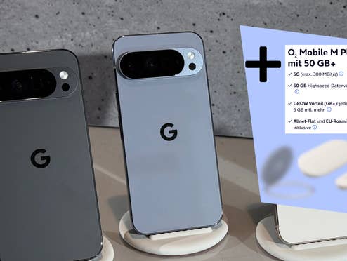 Google Pixel 10 Pro XL aufgestellt, daneben Informationen zu einem O2-Tarif sowie zwei verschwommene Gadgets