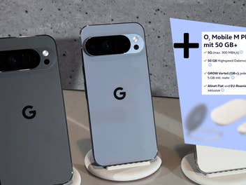 Google Pixel 10 Pro XL aufgestellt, daneben Informationen zu einem O2-Tarif sowie zwei verschwommene Gadgets