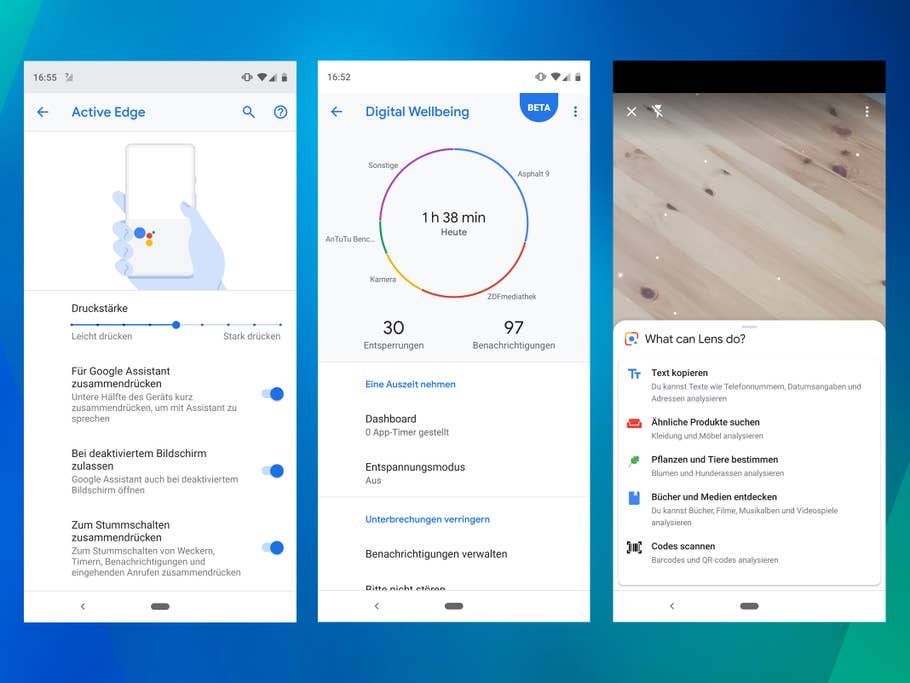 Google Pixel 3XL: Die Einstellungen für den Seitensensor "Active Edge", die Kontrollfunktion "Digital Wellbeing" und die Kamera-Erweiterung "Lens".
