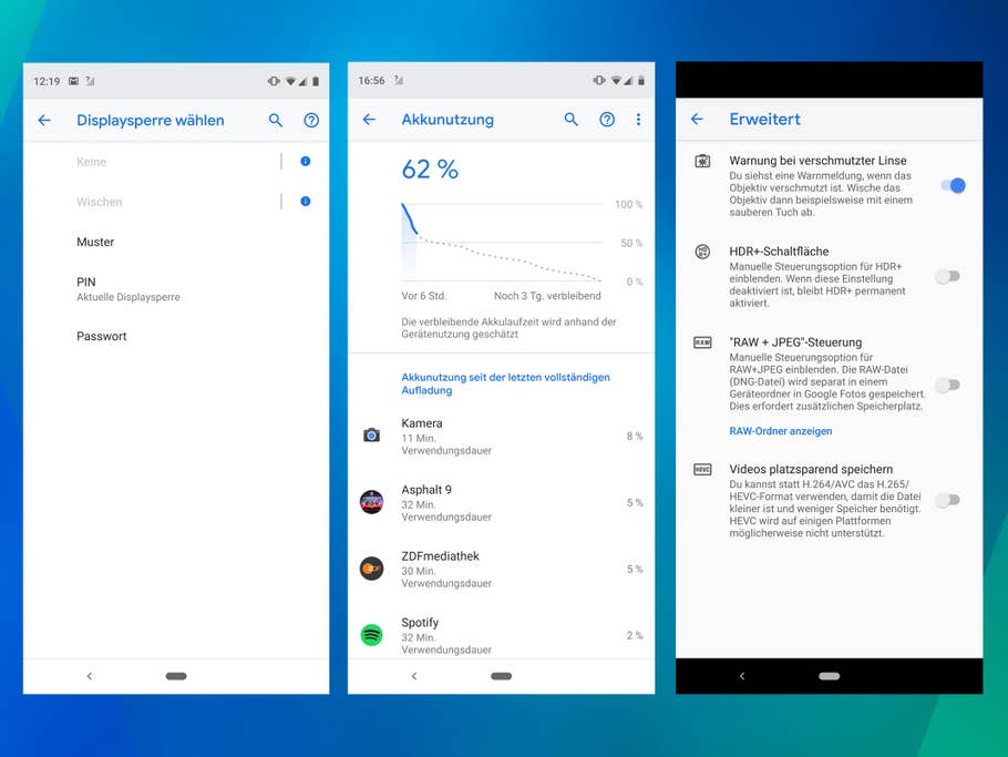 Displaysperre, Akku-Verwaltung, Kamera-Optionen des Google Pixel 3 XL