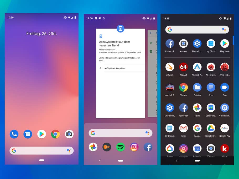 Home-Screen, Task-Manager und App-Übersicht des Google Pixel 3 XL