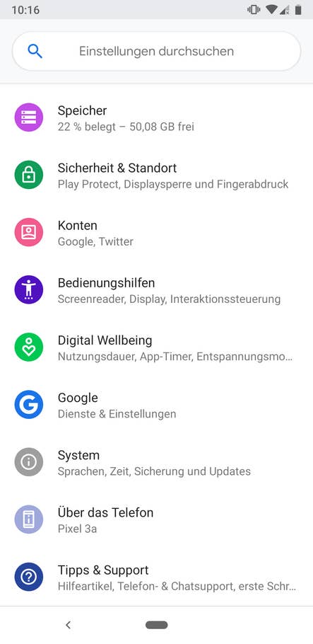 Google Pixel 3a Einstellungen