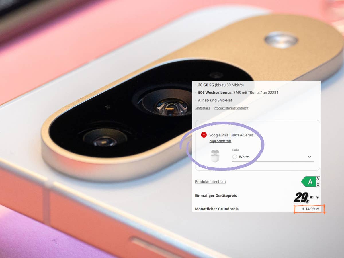 Ein Google Pixel 9 in Nahaufnahme mit seinem Kameramodul; Einblendung zeigt Tarif- und Preis-Informationen