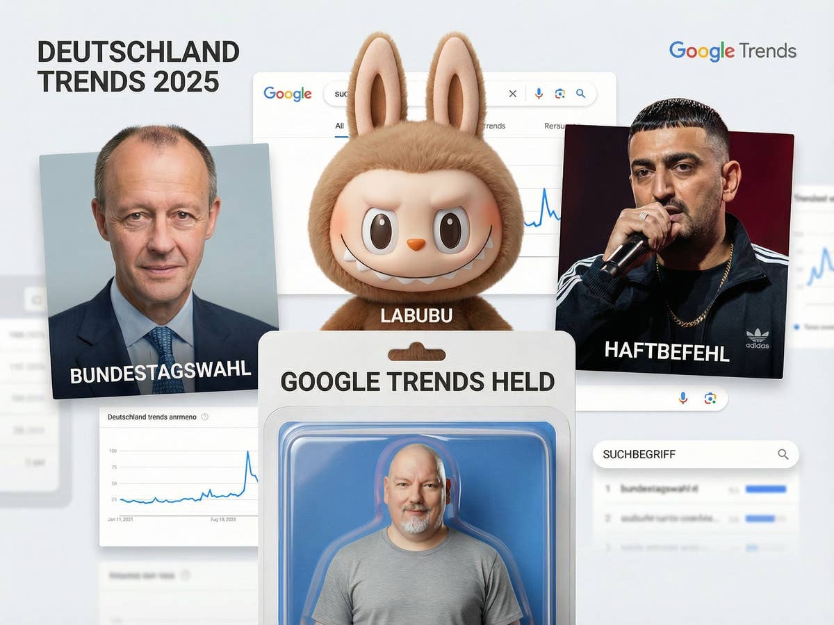 Vor einem Google-Suche-Hintergrund sehen wir eine Actionfigur, Haftbefehl, ein Labubu und Friedrich Merz.