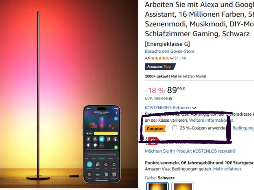 Amazon-Angebot für eine Stehlampe mit hervorgehobenem 25%-Coupon