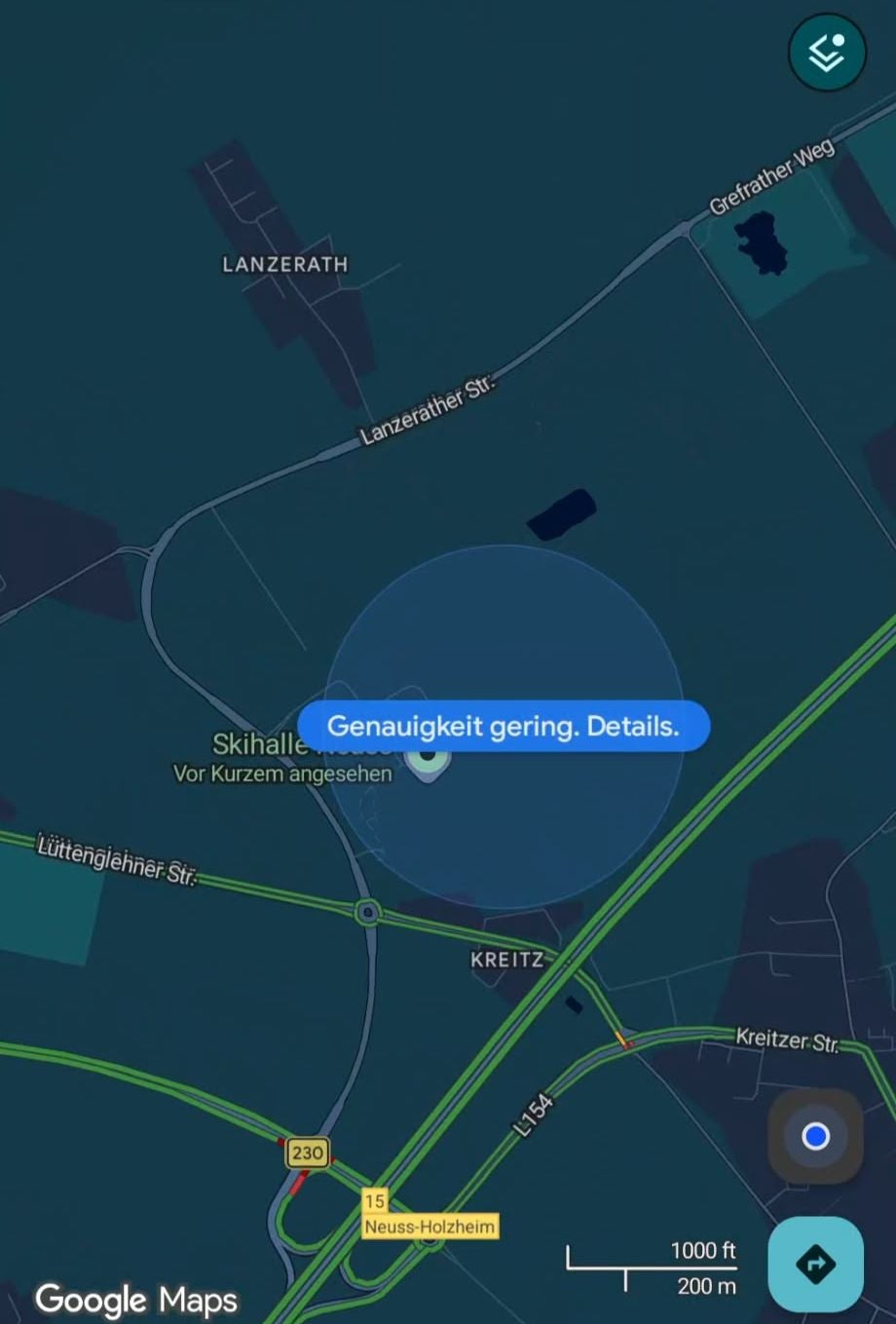 Screenshot: Schwaches GPS-Signal auf Google Maps.