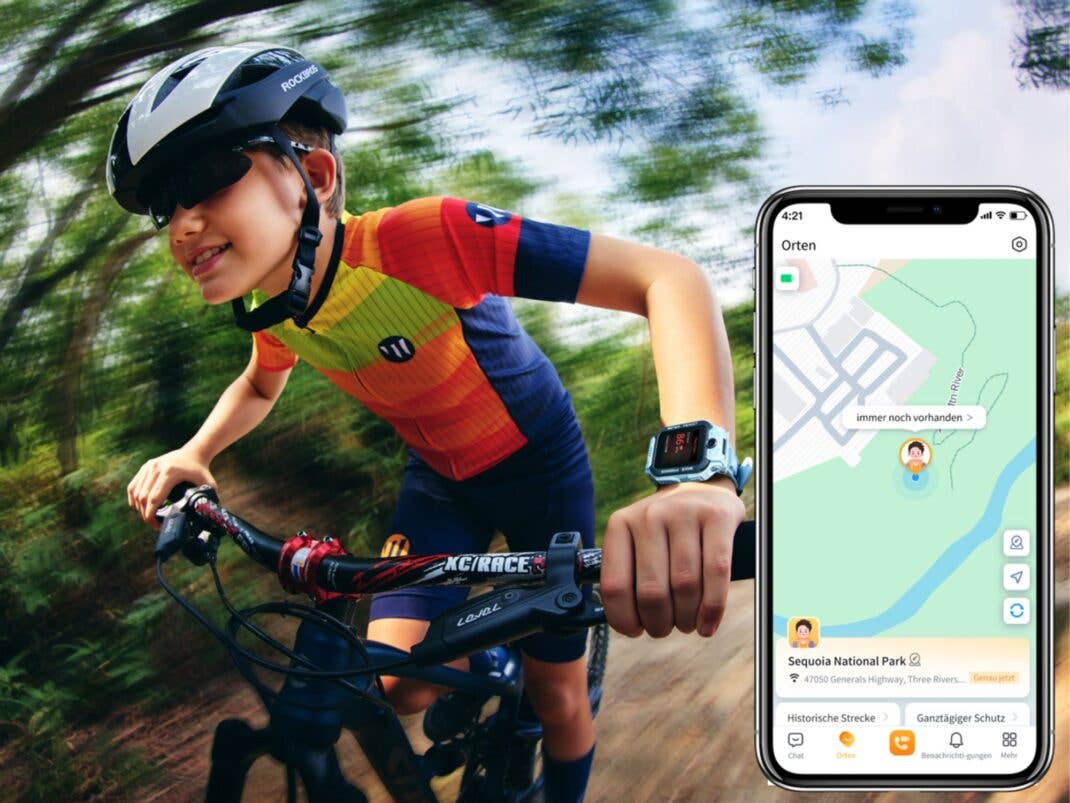 Kind fährt auf einem Fahrrad mit der imoo Smartwatch am Arm