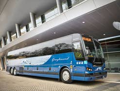 Greyhound Bus in den USA steht vor einem Stadion.