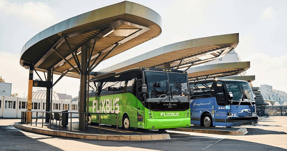 Greyhound und Flixbus Bus parken an einer Haltestelle nebeneinander.