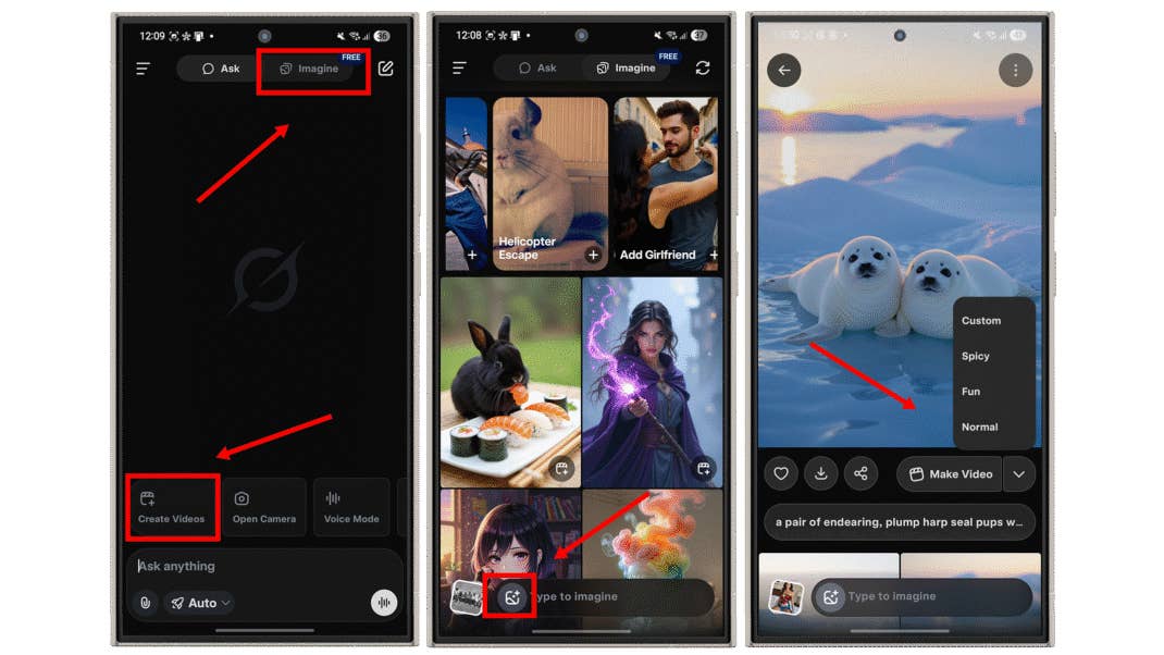 Drei Smartphone-Bildschirme, die eine App-Oberfläche mit Optionen zum Erstellen von Videos und verschiedenen Bildkategorien anzeigen.