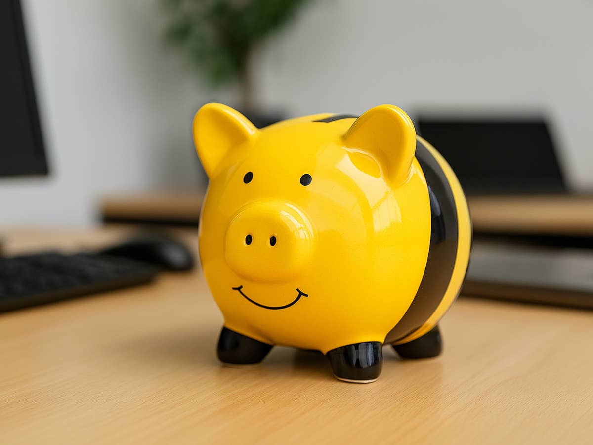 Große Autobank zahlt höhere Zinsen auf Tagesgeld und Festgeld Gelb-schwarzes Sparschwein steht auf einem Tisch.