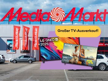 MediaMarkt-Store im Hintergrund, davor ein LG-Fernseher und ein Sony-TV, welche aktuell im Angebot sind