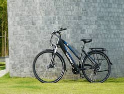GRUNDIG E-Bike Trekkingrad, 28 Zoll steht an einer gemauerten Wand auf einer Rasenfläche.