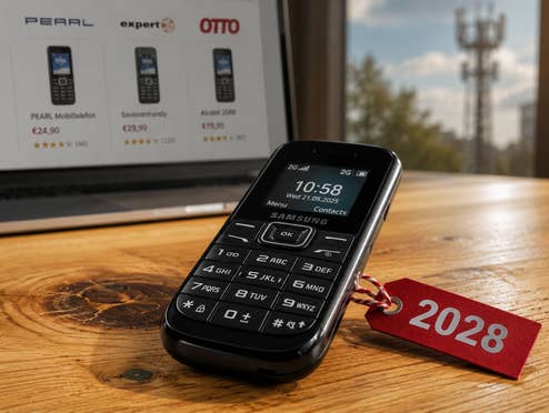 Zahlreiche Online-Shops verkaufen noch immer GSM-Handys, die 2028 wertlos werden. Ein Einfachhandy mit einem